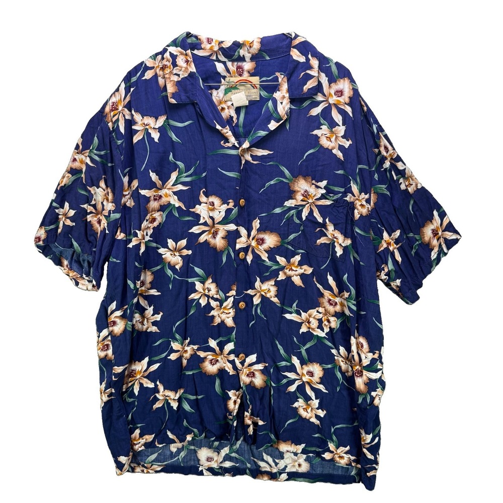 Vintage Paradise Found Hawaiian Shirt Mens 2XL Blue Floral AOP Rayon Honolulu